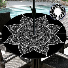 Outdoor Tablecloth with Umbrella Hole Waterproof Polyester Round Fitted Tablecloth with Elastic Zippered Table Cloth Round Cover for Picnic Party (Black 45-52)